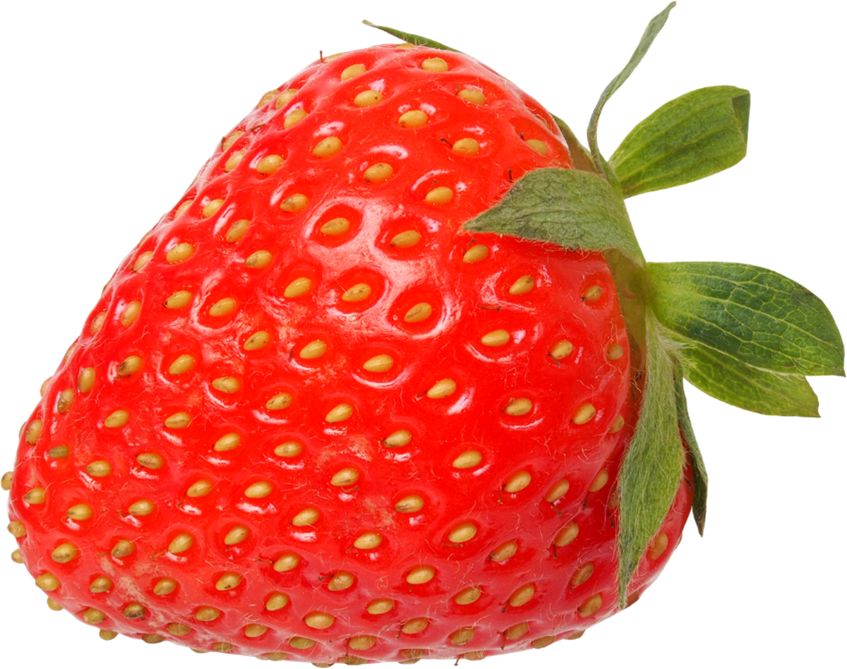 A single ripe strawberry with its calyx attached